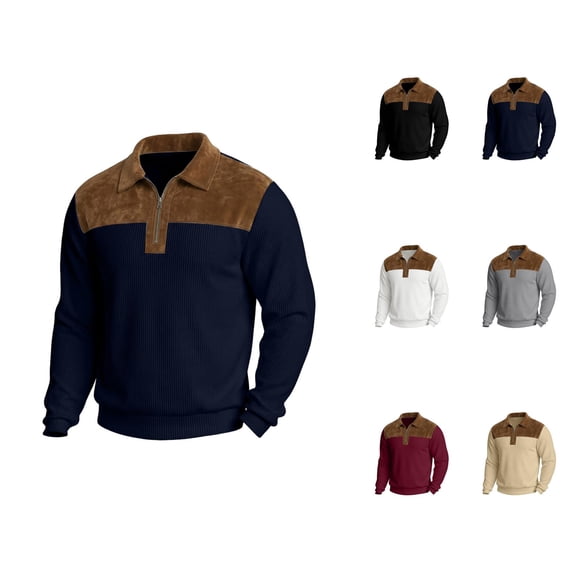 Quarter Zip Pullover Men 2026 Fall Winter Long Sleeve Color Block Patchwork Corduroy Lapel Collar Pullover Sweatshirt