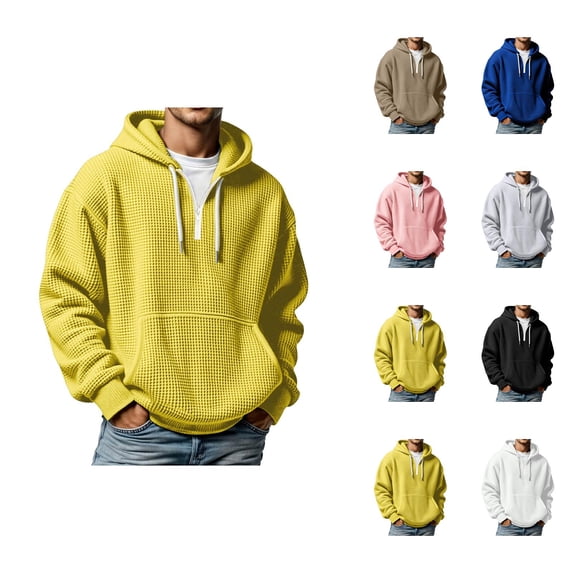 Quarter Zip Pullover Men 2026 Fall Winter Long Sleeve Plain Waffle Knit Hooded Sweatshirt with Pockets Mens Hoodie