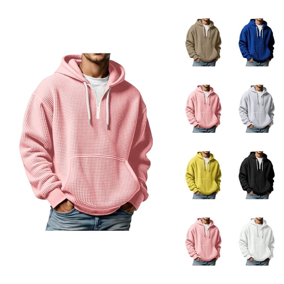 Quarter Zip Pullover Men 2026 Fall Winter Long Sleeve Plain Waffle Knit Hooded Sweatshirt with Pockets Mens Hoodie
