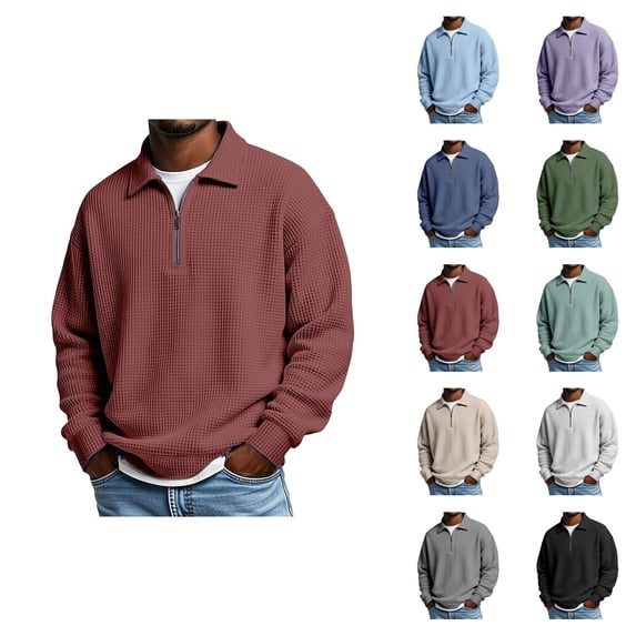 Quarter Zip Pullover Men 2026 Fall Winter Long Sleeve Plain Waffle Knit Lapel Collar Pullover Sweatshirt