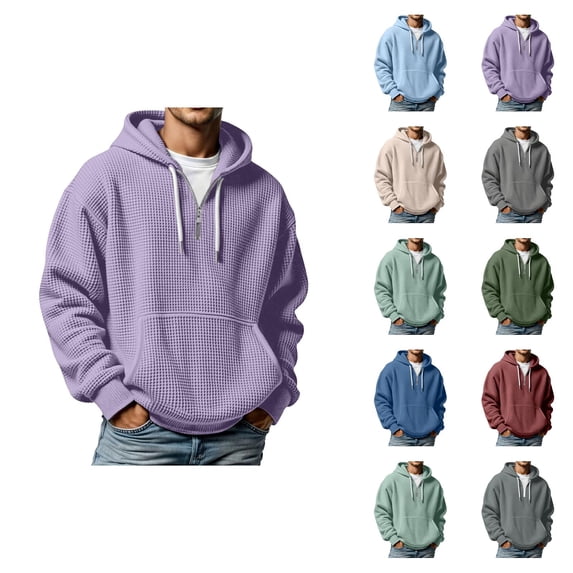 Quarter Zip Pullover Men 2026 Fall Winter Long Sleeve Waffle Knit Plain Hooded Sweatshirt with Pockets Mens Hoodie