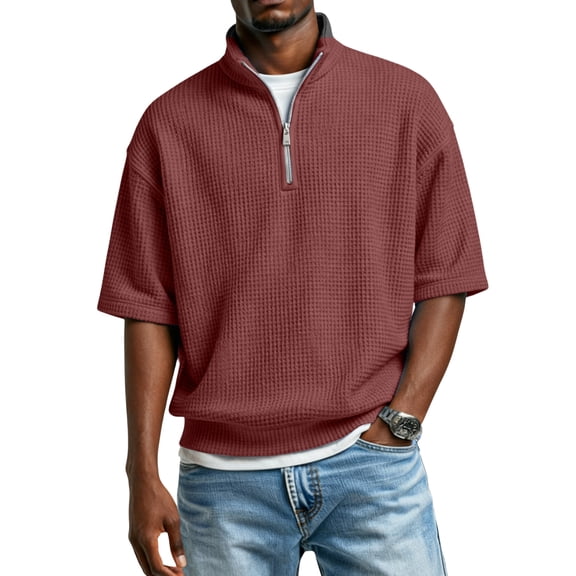 Quarter Zip Pullover Men Casual Short Sleeve Golf Shirt Stand Collar 1/4 Zip Pullover Knit Lightweight T-Shirts Wine S