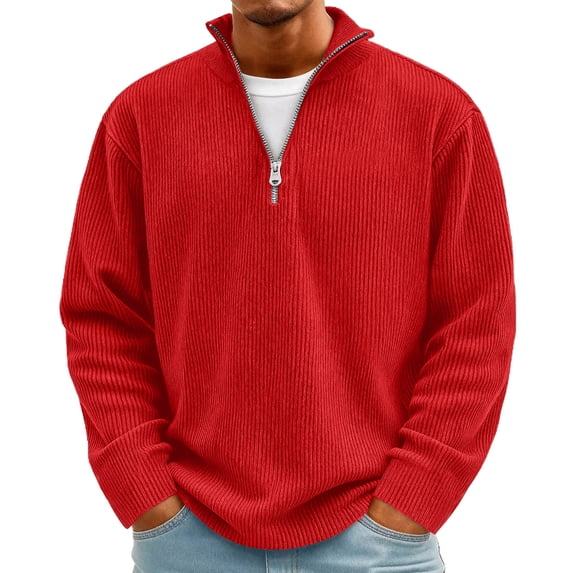 Quarter Zip Pullover Men Corduroy Long Sleeve Shirt Casual Stand Collar Textured Polo Sweatshirt Plus Size Sweater Top for Daily Casual Wear