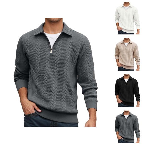 Quarter Zip Pullover Men Fall Winter Long Sleeve Jacquard Collared Sweat Shirt Casual Pullover Tops