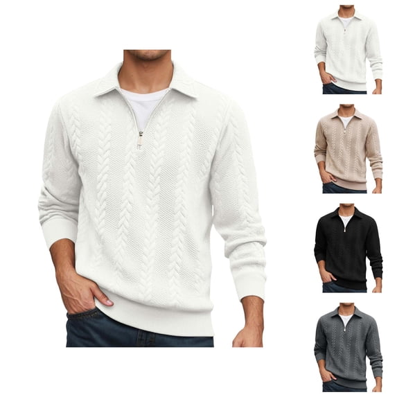 Quarter Zip Pullover Men Fall Winter Long Sleeve Jacquard Collared Sweat Shirt Casual Pullover Tops