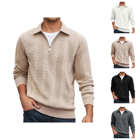 Quarter Zip Pullover Men Fall Winter Long Sleeve Jacquard Collared Sweat Shirt Casual Pullover Tops