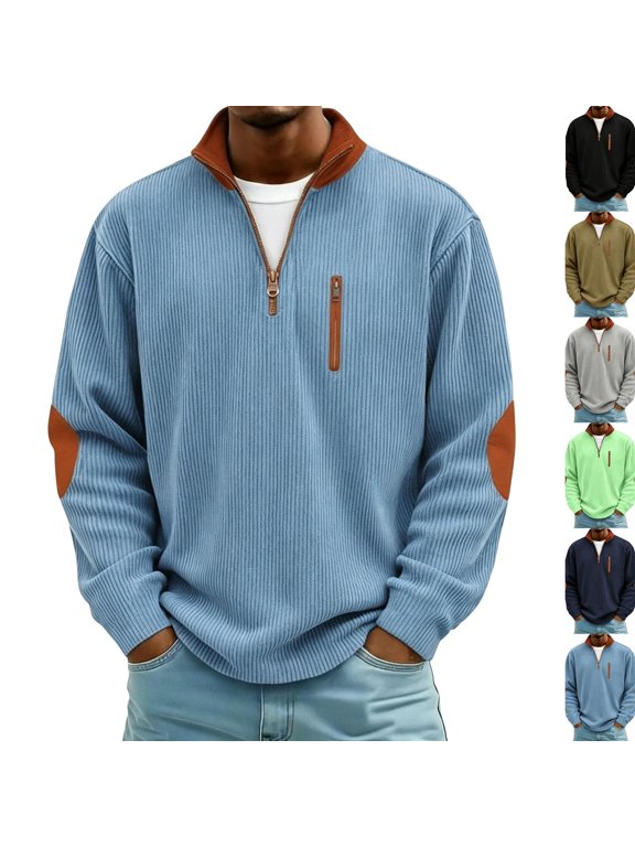 Quarter Zip Pullover Men Stand Collar Corduroy Sweatshirt Casual Chest Zipper Pocket Tops with Suede Elbow Patches Sky Blue L