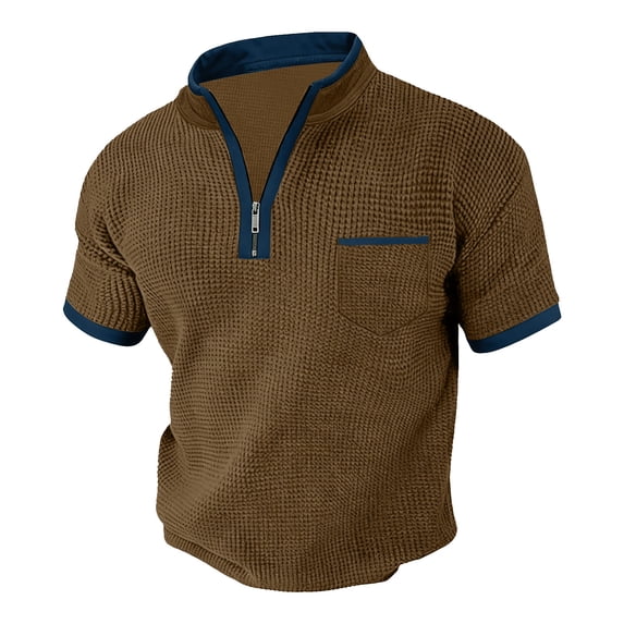 Quarter Zip Pullover Men Summer Fitted Waffle Shirts Going Out Stand Collar T Shirts Short Sleeve Tshirts (Coffee,XXL)