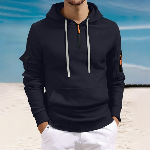 Quarter Zip Pullover Mens Hoodes Lightweight Long Sleeve Casual Drawstring Sweatshirts Hooded with Kangaroo Pocket Trendy Loose Workout Fall Hoodie Streetwear