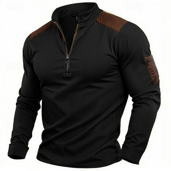 Quarter Zip Pullover Mens Sweatshirts Long Sleeve Waffle-Knit Tops Big And Tall Vintage Color Block Stand Neck Sweat Shirt with Pockets Loose Casual Warm Trendy Fall Winter Clothes, Black 2XL