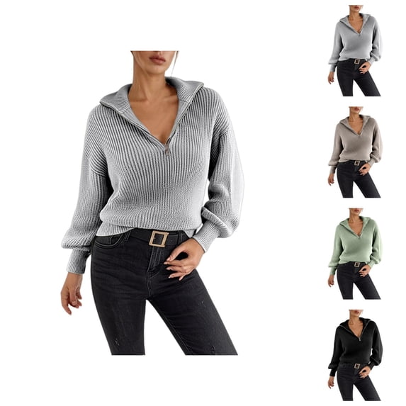 Quarter Zip Pullover Sweaters for Women Long Sleeve Relaxed Fit Casual Collared Knit Polo Sweater Fall Winter Clothes