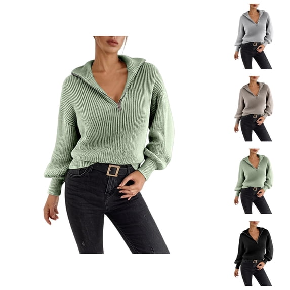 Quarter Zip Pullover Sweaters for Women Long Sleeve Relaxed Fit Casual Collared Knit Polo Sweater Fall Winter Clothes