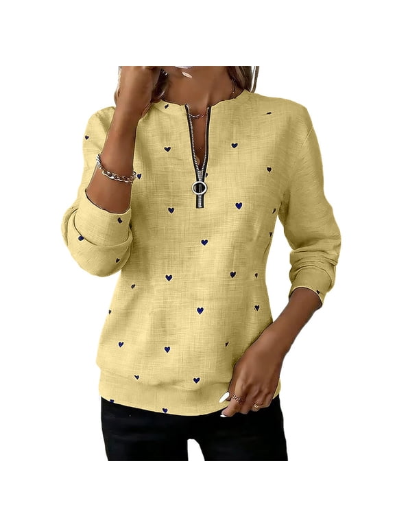 Quarter Zip Pullover Sweatshirts for Women Trendy Heart Polka Dot Long Sleeve Lightweight Sweat Shirts, S