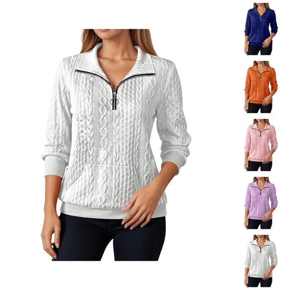 Quarter Zip Pullover Women 2025 Fall Winter Long Sleeve Collared Cable Knit Plain Sweatshirt with Pockets Pullover Tops