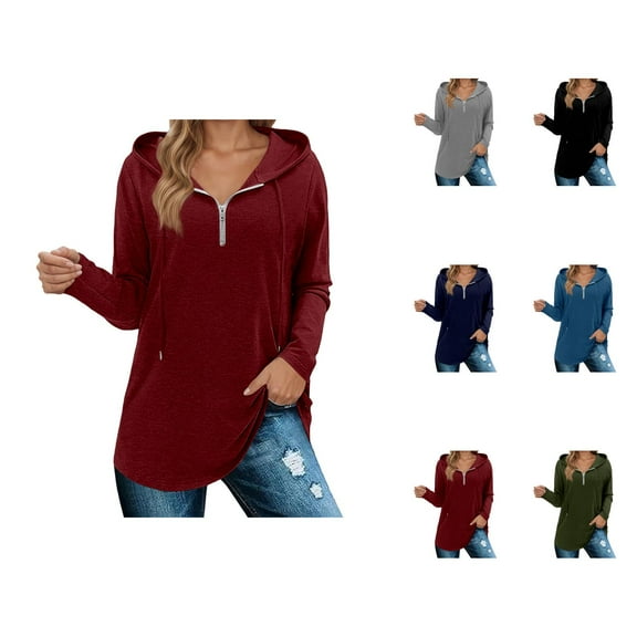 Quarter Zip Pullover Women 2025 Fall Winter Long Sleeve Plain Hoodie Hooded Sweatshirt Pullover Tops