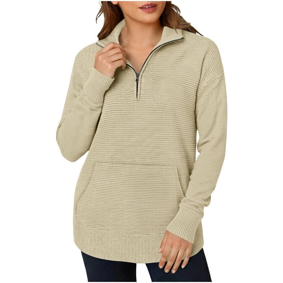 Quarter Zip Pullover Women Casual Fall Collared Zip Mock Neck Sweatshirt 1/4 Zipper Ribbed Knit Tunic Tops with Pocket