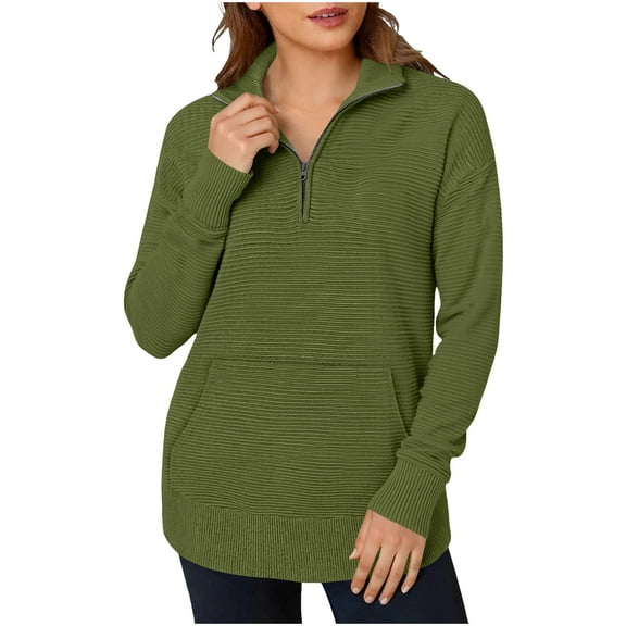 Quarter Zip Pullover Women Casual Fall Collared Zip Mock Neck Sweatshirt 1/4 Zipper Ribbed Knit Tunic Tops with Pocket