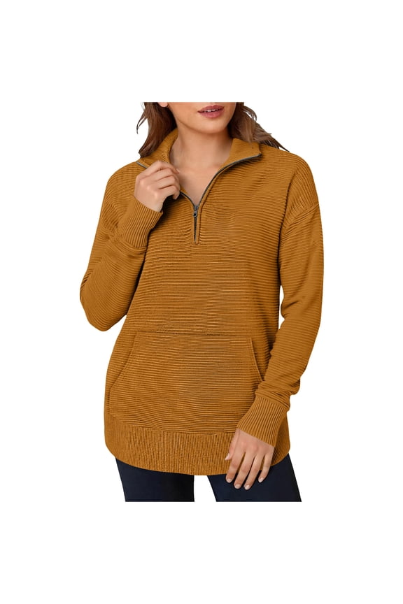 Quarter Zip Pullover Women Casual Fall Collared Zip Mock Neck Sweatshirt 1/4 Zipper Ribbed Knit Tunic Tops with Pocket