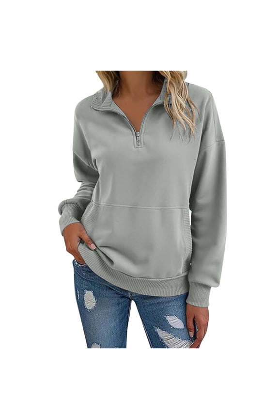 Quarter Zip Pullover Women Casual Long Sleeve Lapel Zipper Sweatshirt Fashion V-Neck Solid Loose Pullover Tops Fall Sweatshirts for Women