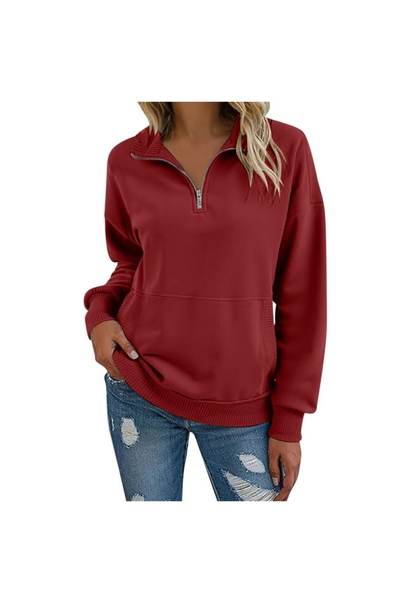 Quarter Zip Pullover Women Casual Long Sleeve Lapel Zipper Sweatshirt Fashion V-Neck Solid Loose Pullover Tops Fall Sweatshirts for Women