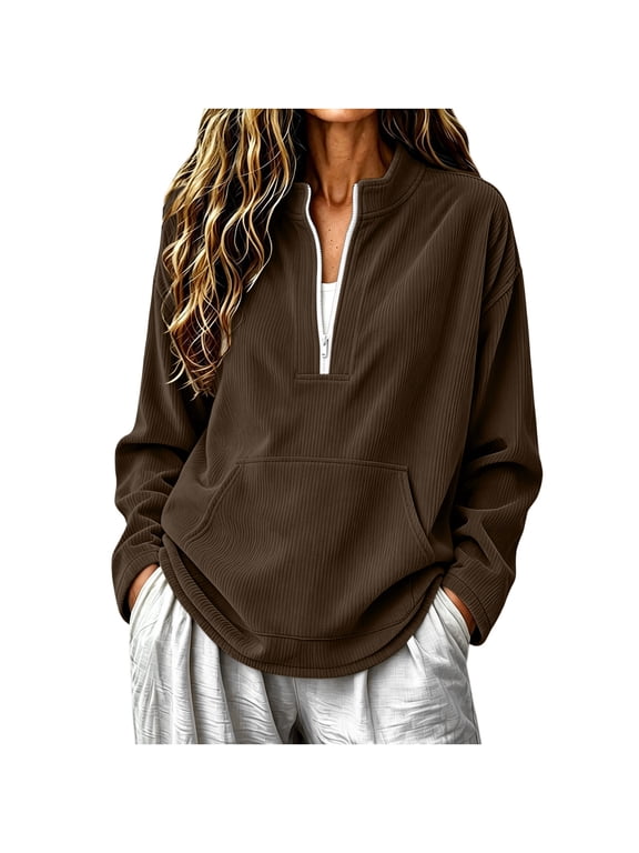 Quarter Zip Pullover Women Casual Mock Neck Sweatshirt Long Sleeve Half Zip Pullover Women Plus Size Loose Comfy Sweatshirts with Pockets Y2K Fashion Fall Winter Clothes