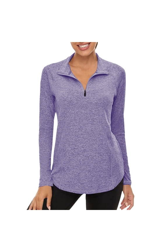 Quarter Zip Pullover Women, Comdrip Damen Sportshirt Langarm Mit Stehkragen Halbem Reißverschluss Atmungsaktives Funktionsshirt Für Fitness Laufen Yoga Outdoor 1/4 Zip Pullover Women Purple M