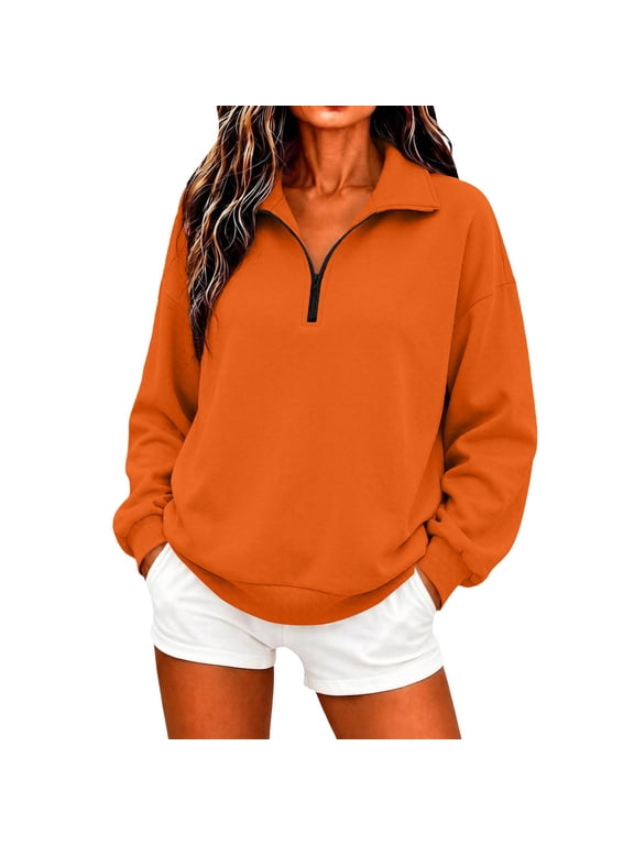 Quarter Zip Pullover Women Fall Clothes for Women Fall Tops for Women 1/4 Zip Pullover Women Business Casual Outfits Trendy Clothes Athletic Quarter Zip Women No Hood Tops Teacher Sweatshirt Orange L
