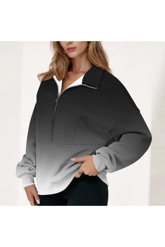 Quarter Zip Pullover Women Fall Gradient Oversized Hoodie Dressy Casual Loose Fit Long Sleeve Fall Sweatshirt