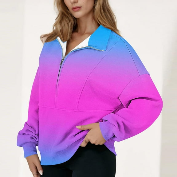 Quarter Zip Pullover Women Fall Gradient Oversized Hoodie Dressy Casual Loose Fit Long Sleeve Fall Sweatshirt