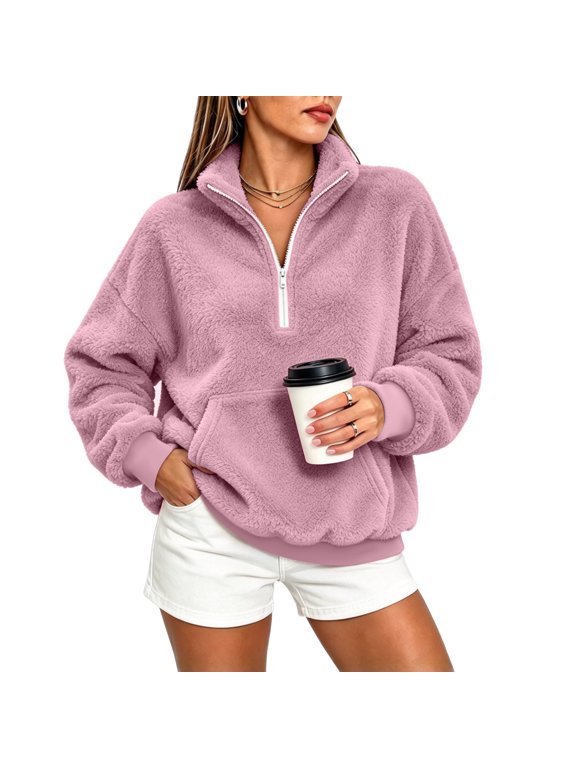 Quarter Zip Pullover Women Flannel Long Oversized Sweatshirt Winter,S