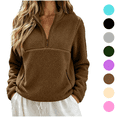 thumbnail image 1 of Quarter Zip Sweatshirt Women Fleece Zipper Pockets Cozy Cropped Long Sleeves Pullover for Fall Winter Casual Wear Brown S, 1 of 7