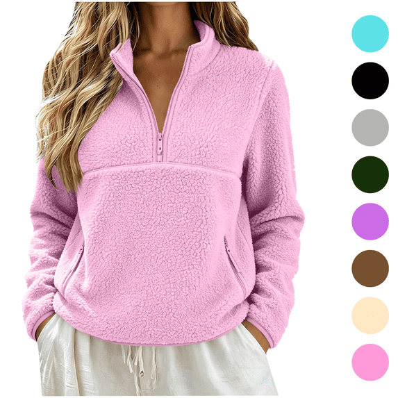 Quarter Zip Sweatshirt Women Fleece Zipper Pockets Cozy Cropped Long Sleeves Pullover for Fall Winter Casual Wear Pink M