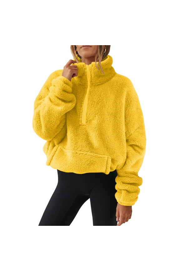 Quarter Zip Pullover Women Fuzzy Fleece Hoodie Sherpa Sweatshirt Warm Long Sleeve Tunic Sweater with Pocket Fall and Winter Clothes