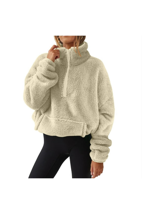 Quarter Zip Pullover Women Fuzzy Fleece Hoodie Sherpa Sweatshirt Warm Long Sleeve Tunic Sweater with Pocket Fall and Winter Clothes