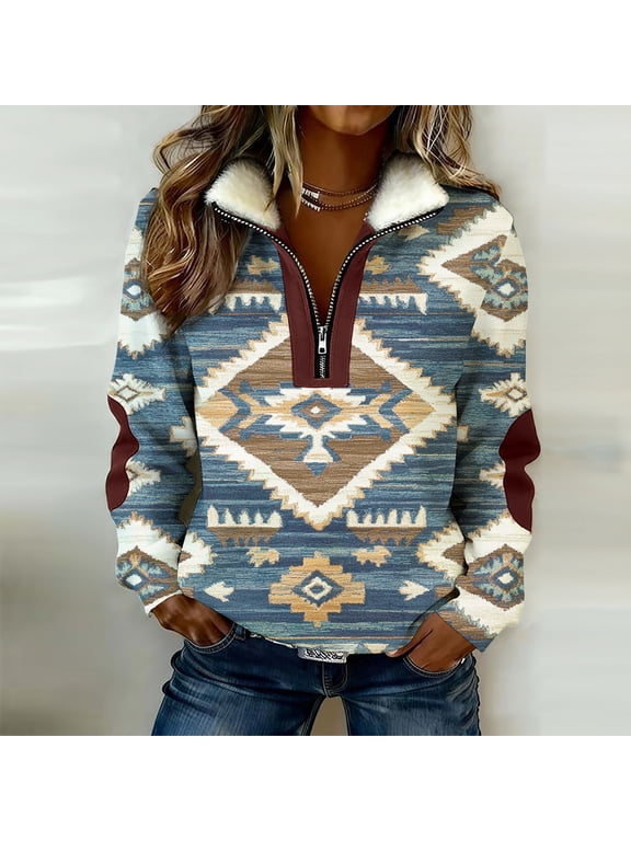 Quarter Zip Pullover Women Lapel Collar Western Aztec Print Pullover Sweatshirt Long Sleeve Ethnic Vintage Top