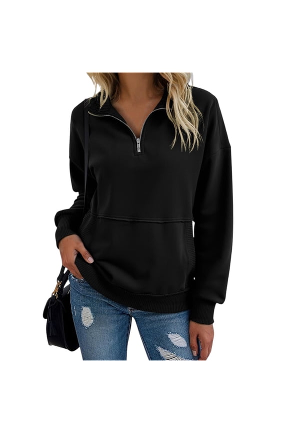 Quarter Zip Pullover Women Lapel Long Sleeve Half Zipper Mockneck Sweatshirt Casual Lightweight Pullover Tops Pockets Black M