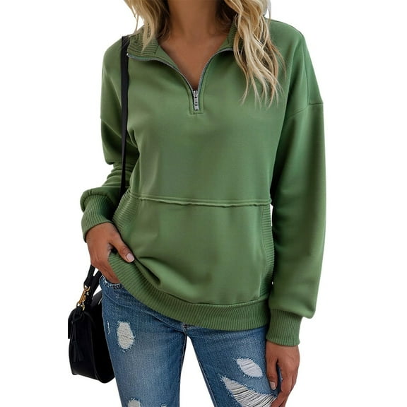Quarter Zip Pullover Women Lapel Long Sleeve Half Zipper Mockneck Sweatshirt Casual Lightweight Pullover Tops Pockets Green L