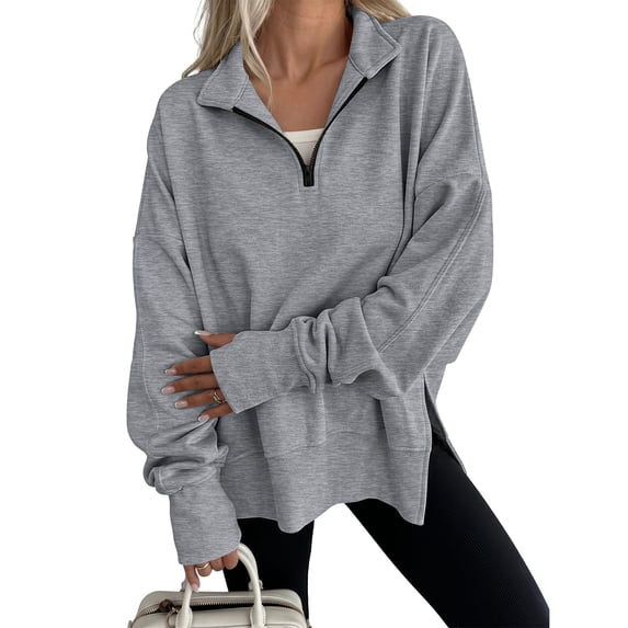 Quarter Zip Pullover Women Long Sleeve V Neck Tops Fashion Loose Sweatshirt