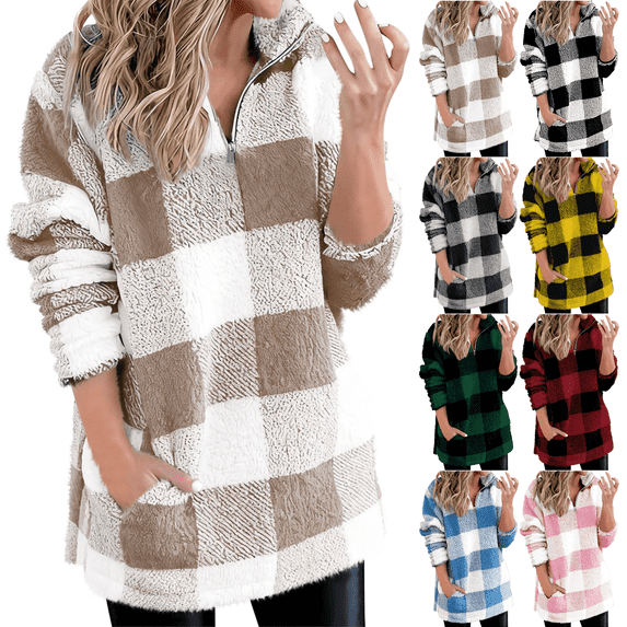 Quarter Zip Pullover Women Oversized Stand Collar Fleece Sweatshirt Plaid Long Sleeve Tops with Pocket Winter Warm Womens Sweatshirt