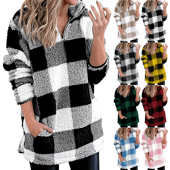 Quarter Zip Pullover Women Oversized Stand Collar Fleece Sweatshirt Plaid Long Sleeve Tops with Pocket Winter Warm Womens Sweatshirt