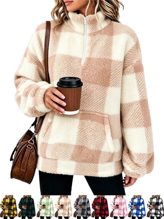 Quarter Zip Pullover Women Plaid Long Sleeve Fleece Sweatshirt Soft Fluffy Warm Pullover with Stand Collar