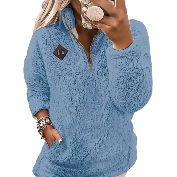 Quarter-Zip Pullover, Women Sherpa Fleece Jacket, Soft Half Zip Sweatshirt with Pocket, Cozy Soft Fluffy Sweaters, Comfortable Versatile Cloth, Must-have for Home Daily Use, Light Blue M