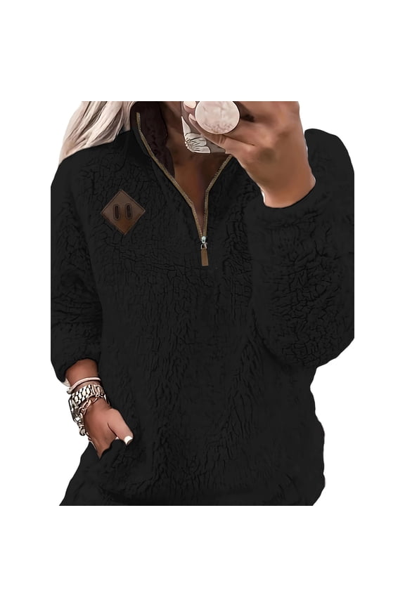 Quarter-Zip Pullover, Women Sherpa Fleece Jacket, Soft Half Zip Sweatshirt with Pocket, Cozy Soft Fluffy Sweaters, Comfortable Versatile Cloth, Must-have for Home Daily Use, Black S