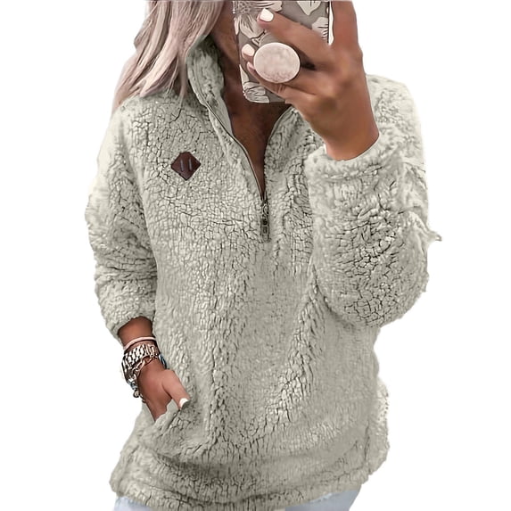 Quarter-Zip Pullover, Women Sherpa Fleece Jacket, Soft Half Zip Sweatshirt with Pocket, Cozy Soft Fluffy Sweaters, Comfortable Versatile Cloth, Must-have for Home Daily Use, Beige L