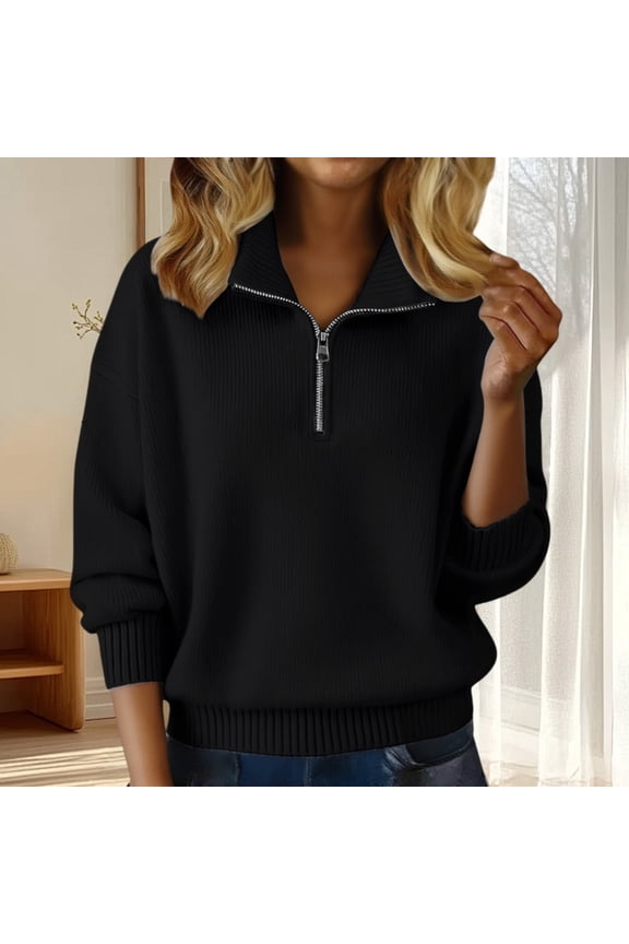 Quarter Zip Pullover Women's Sweaters Long Sleeve Mock Neck Polo Sweatshirt Sweaters Outfits Collared Sweater Fall Sweaters Collared Casual Fall Top Half Zip Sweater Business Casual Black XXL