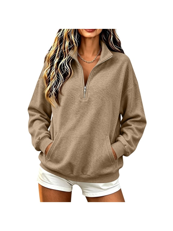 Quarter Zip Pullover Womens Fall Half Zip Mock Neck Sweatshirts Soft Loose Causal Long Sleeve Oversized Hoodies, M