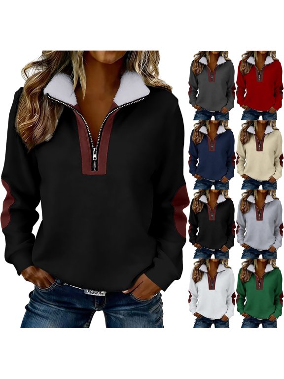 Quarter Zip Pullover Womens Faux-fur Lapel Collar Sweater Colorblock Sweatshirt Loose Casual Long Sleeve Tops (L, Black)