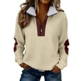 thumbnail image 1 of Quarter Zip Pullover Womens Faux-fur Lapel Collar Sweater Colorblock Sweatshirt Loose Casual Long Sleeve Tops (L, Khaki), 1 of 8