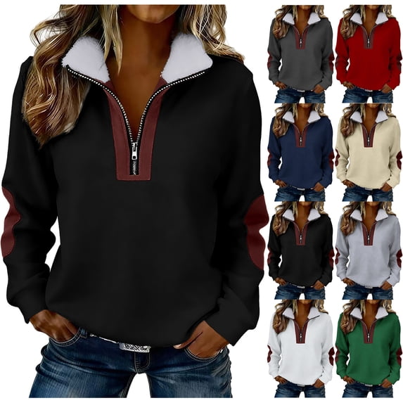 Quarter Zip Pullover Womens Faux-fur Lapel Collar Sweater Colorblock Sweatshirt Loose Casual Long Sleeve Tops (XL, Black)