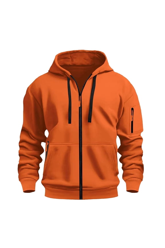 Quarter Zip Pullover for Men Hoodies Casual Sweatshirts Fall Winter Drawstring Jacket with Zip Pockets, Orange, Size S